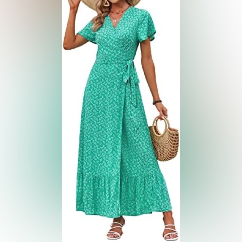 Zesica | Rayon Floral Wrap Maxi Dress in Green Size L Large - Picture 3 of 12